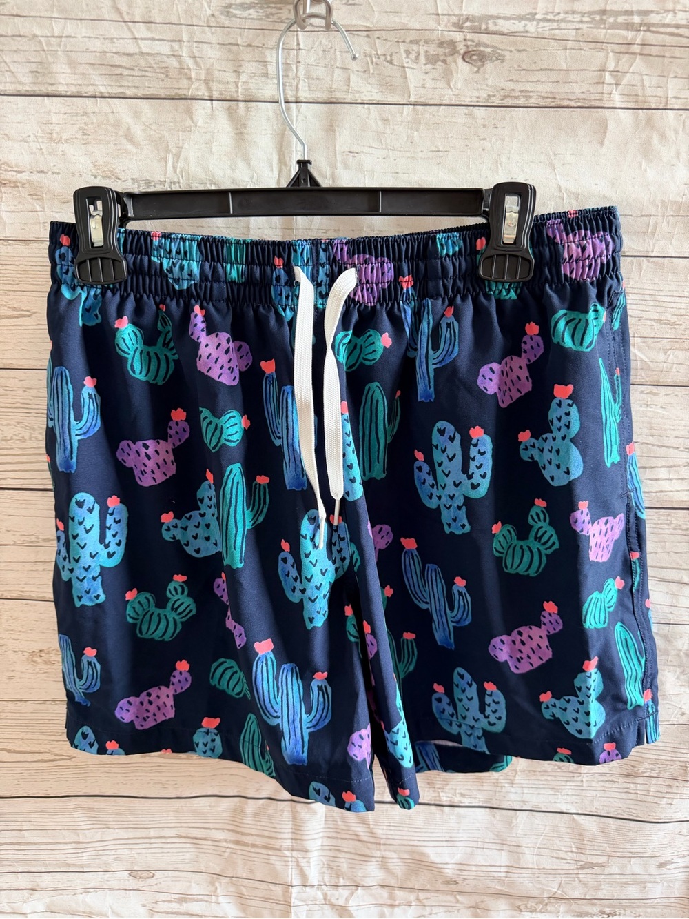 chubbies Navy Swim Trunks with Teal & Purple Cactus Print